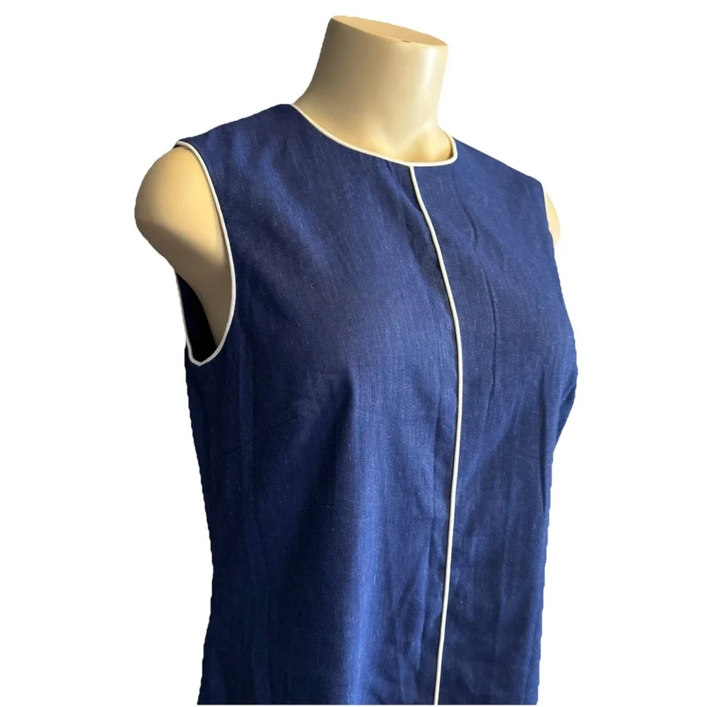 Linen Navy Blue Sleeveless Dress Modest Front Nautical Classic‎ Klein Sz 8